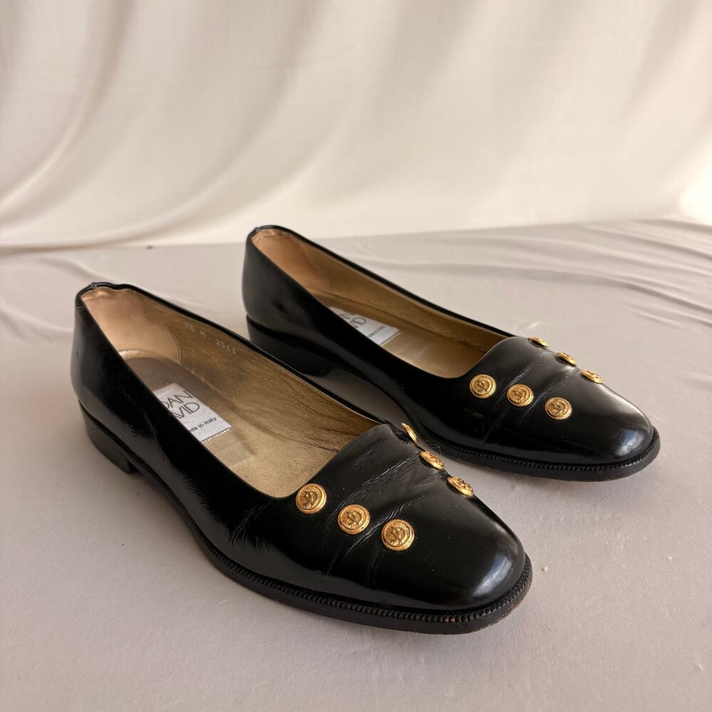 Vintage Joan & David Black Leather Loafers - Gold Coin Hardware, Round Toe, 90s
